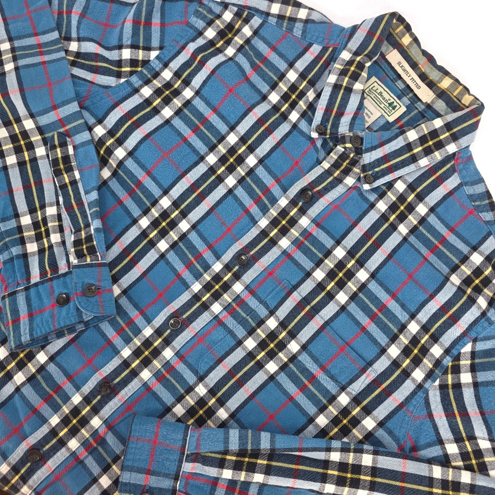 LL Bean Flannel Shirt Men's Medium Slightly Fitted Blue Plaid 298167 Long Sleeve